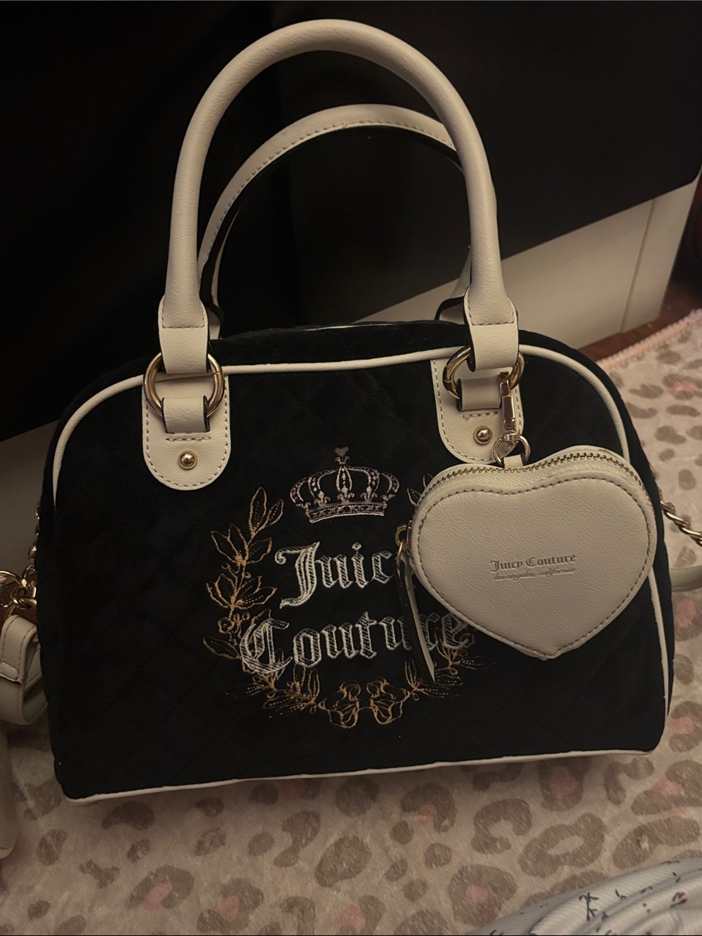 Juicy Couture Black Quilted Satchel with Cream Trim and Heart Pouch